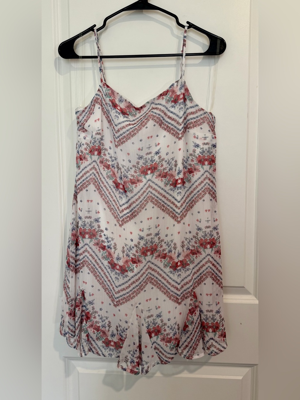Trixxi White Mini Dress with Pink Floral and Blue Chevron